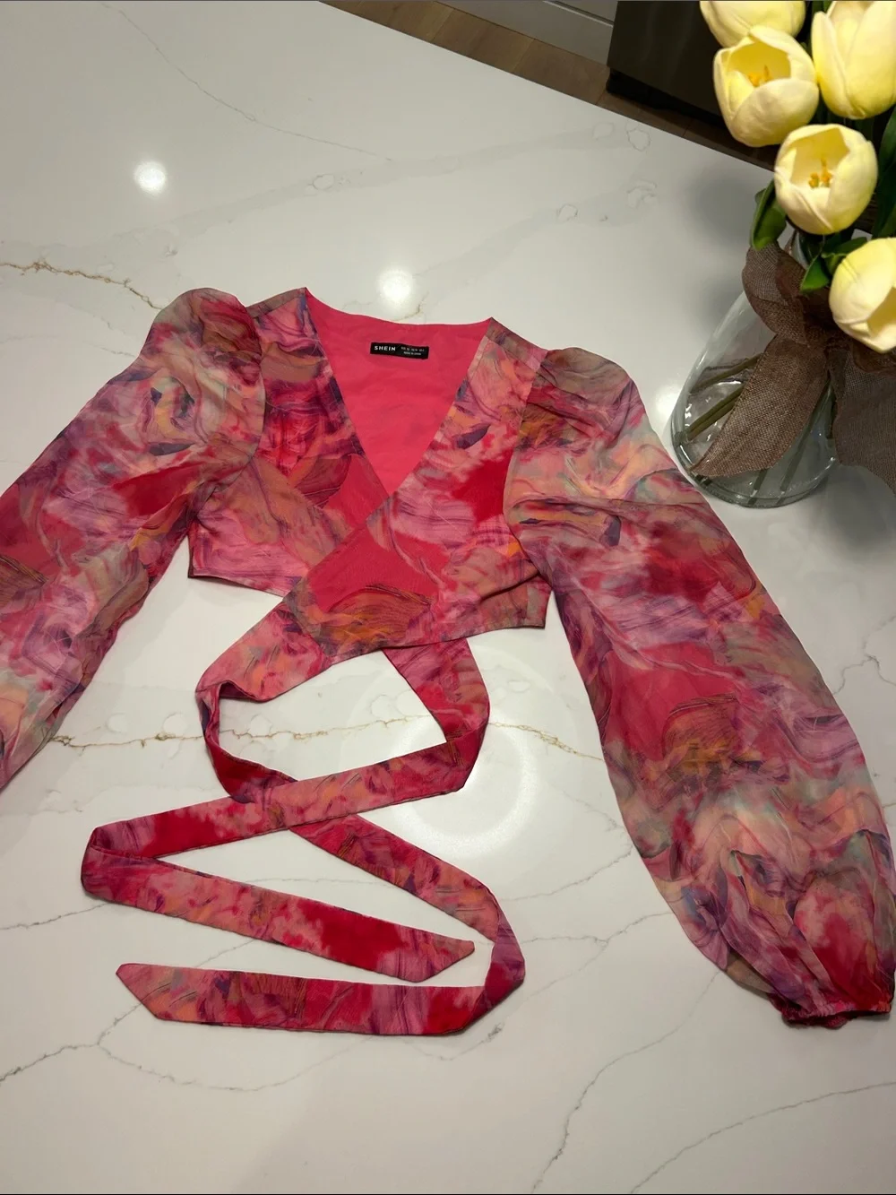 SHEIN Hot Pink Marble Watercolor Wrap Crop Top